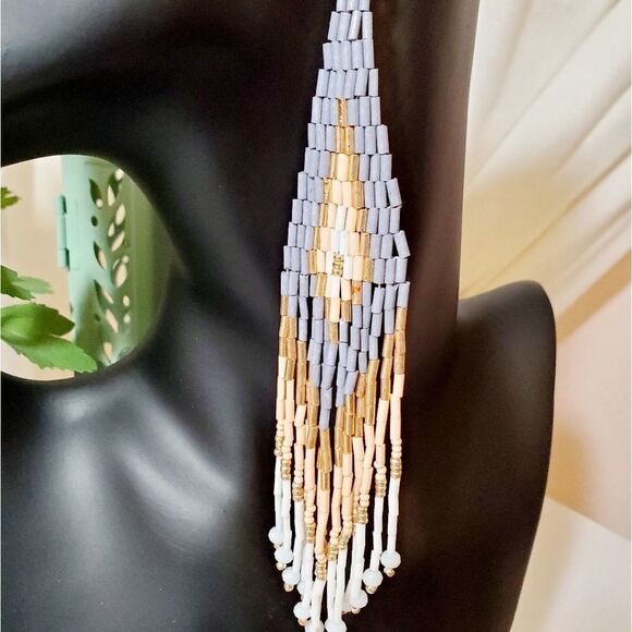 GRAY Multi Seed Bead Fringe Earrings - Picture 2 of 5